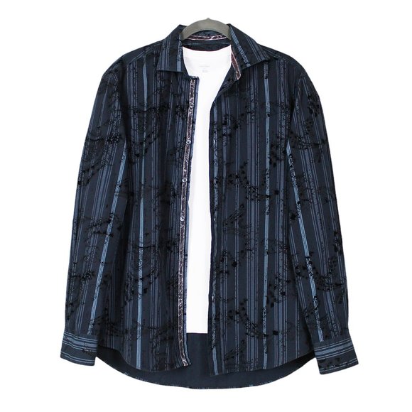 Blue Pronto Uomo Multi-striped Burnt Out Patterned Button Down Shirt - Picture 1 of 15
